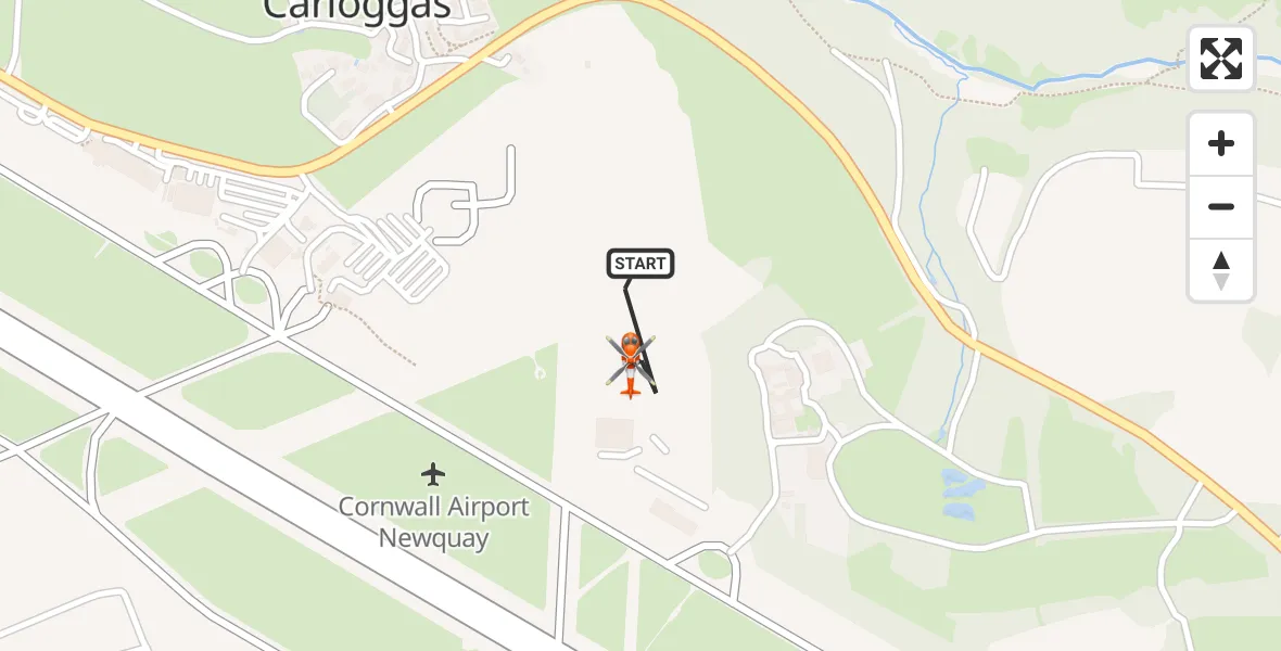 Flight path map showing Coastguard Helicopter route from Cornwall Airport Newquay to Cornwall Airport Newquay