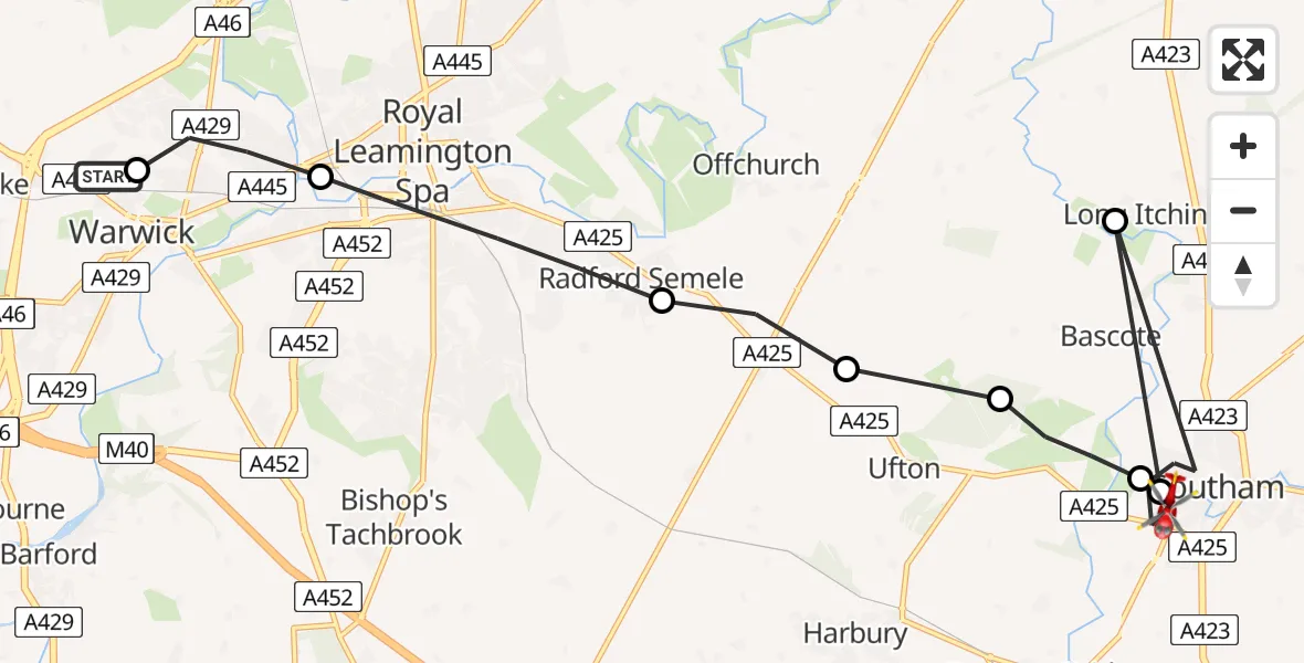 Flight path map showing Air Ambulance Helicopter route from Warwick to Southam CP