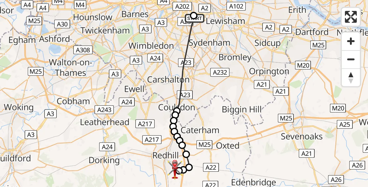 Flight path map showing Air Ambulance Helicopter route from Kings College London Hospital to Redhill Aerodrome