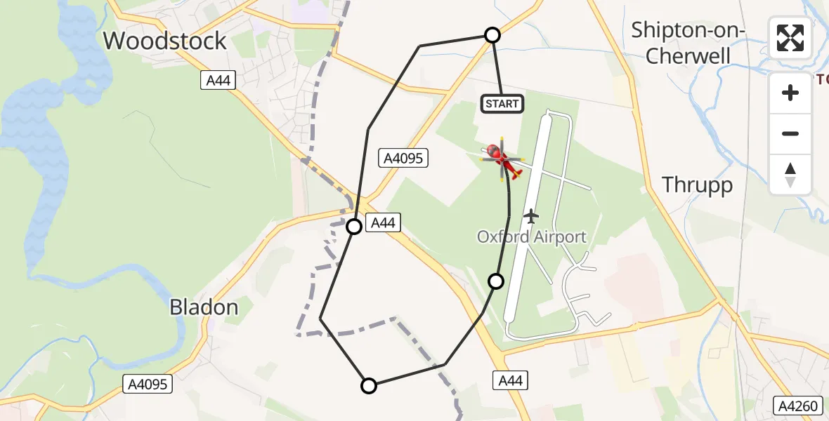 Flight path map showing Air Ambulance Helicopter route from London Oxford Airport to London Oxford Airport
