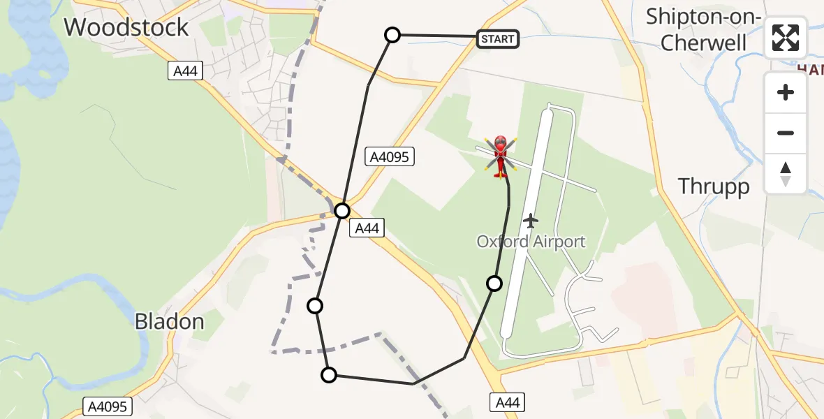 Flight path map showing Air Ambulance Helicopter route from London Oxford Airport to London Oxford Airport