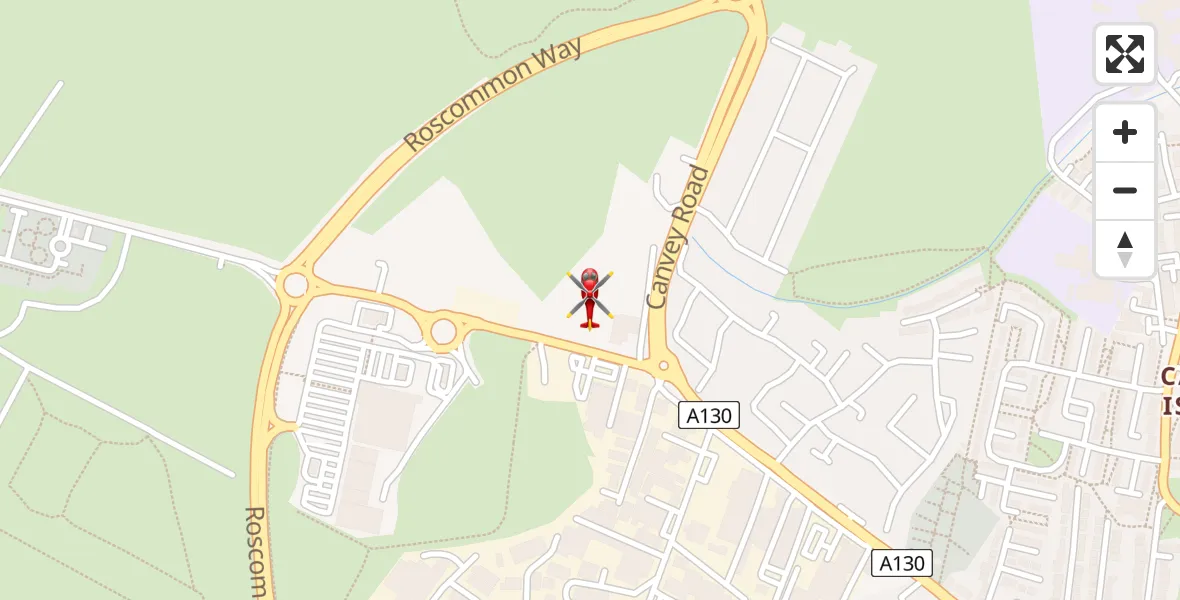 Flight path map showing Air Ambulance Helicopter route from Canvey Island to Canvey Island