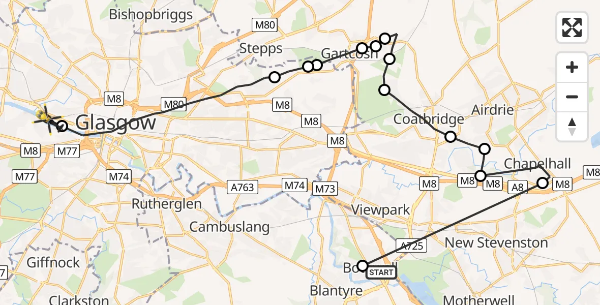 Flight path map showing Police Helicopter route from Glasgow to Glasgow City Heliport