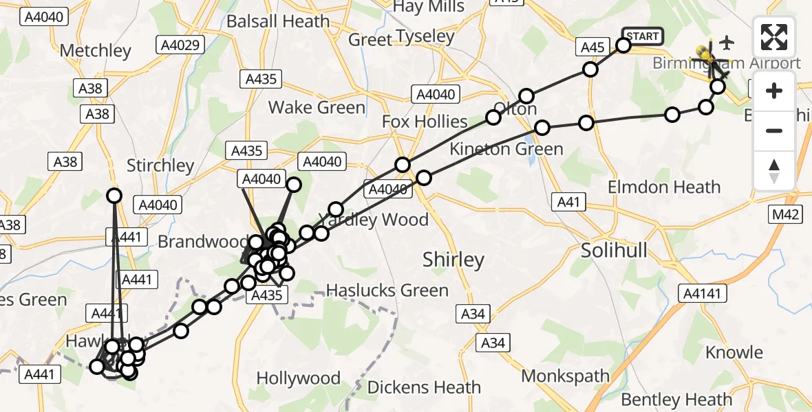 Flight path map showing Police Helicopter route from Birmingham to Birmingham Airport