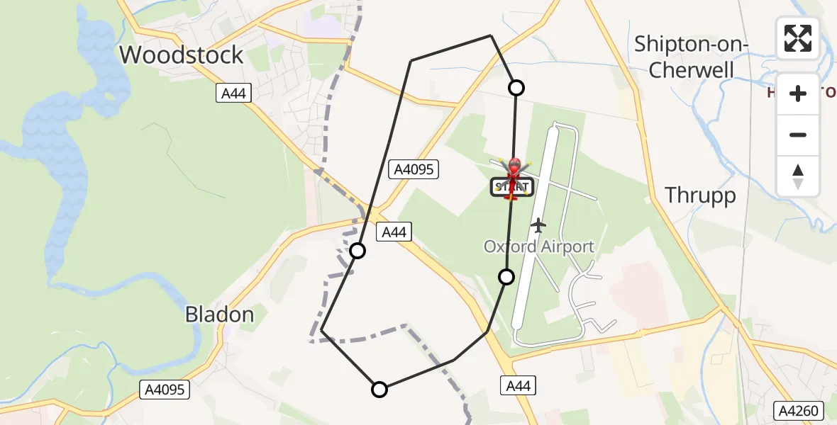 Flight path map showing Air Ambulance Helicopter route from London Oxford Airport to London Oxford Airport