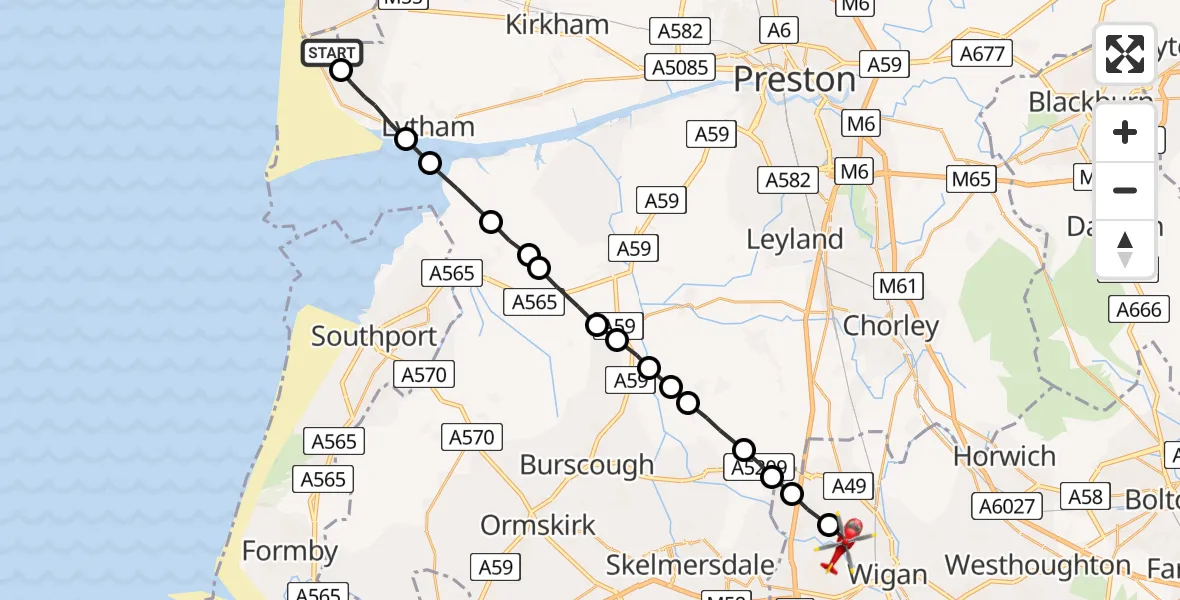 Flight path map showing Air Ambulance Helicopter route from Blackpool Airport to Wigan