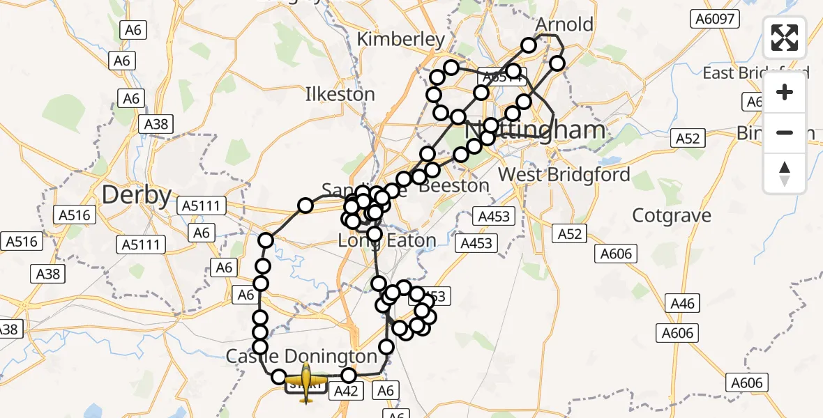 Flight path map showing Police Aircraft route from East Midlands Airport to East Midlands Airport