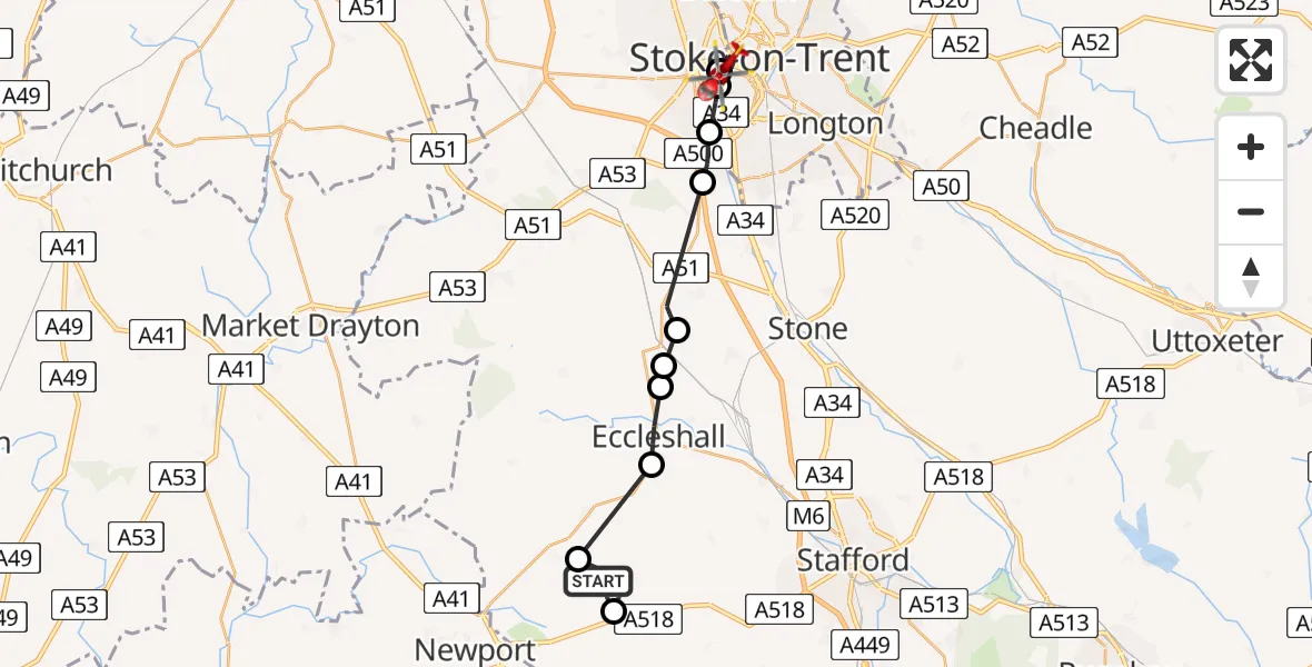 Flight path map showing Air Ambulance Helicopter route from Norbury to Stoke