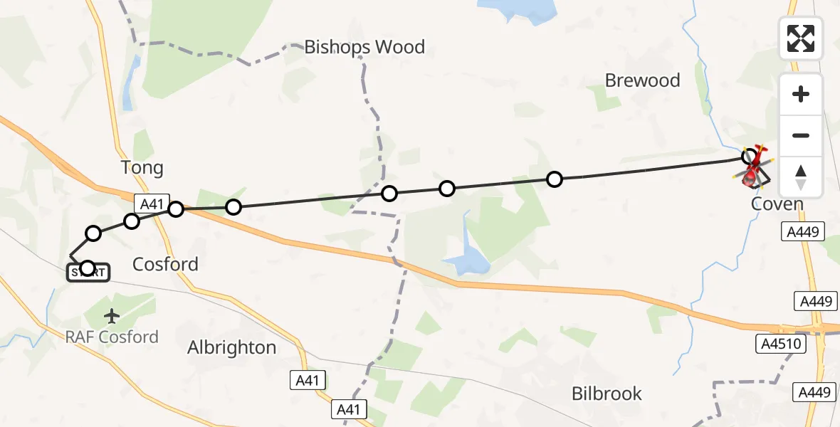 Flight path map showing Air Ambulance Helicopter route from RAF Cosford to Coven