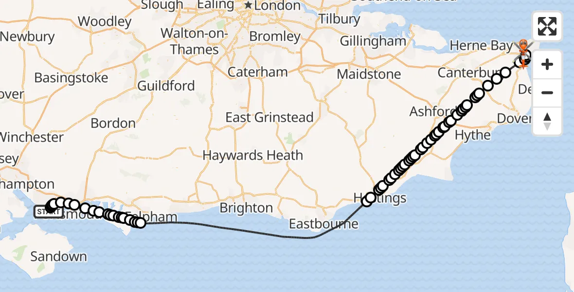 Flight path map showing Coastguard Helicopter route from Solent Airport to Manston Airport