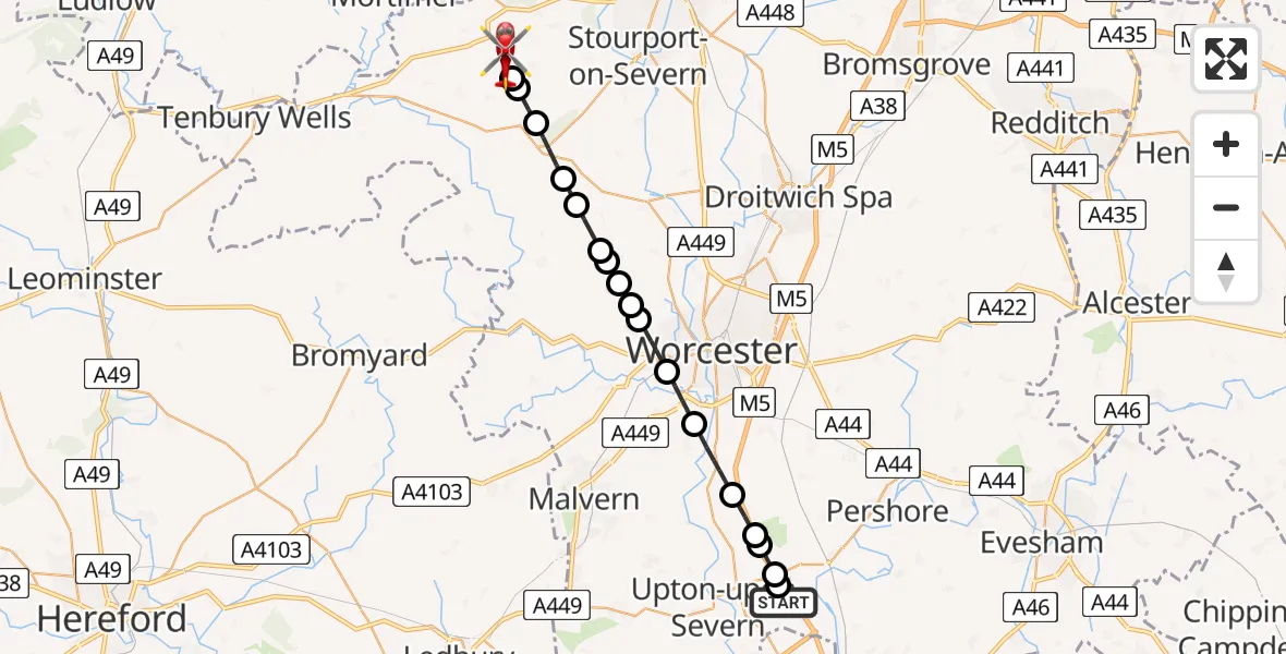 Flight path map showing Air Ambulance Helicopter route from Hill Croome to Rock
