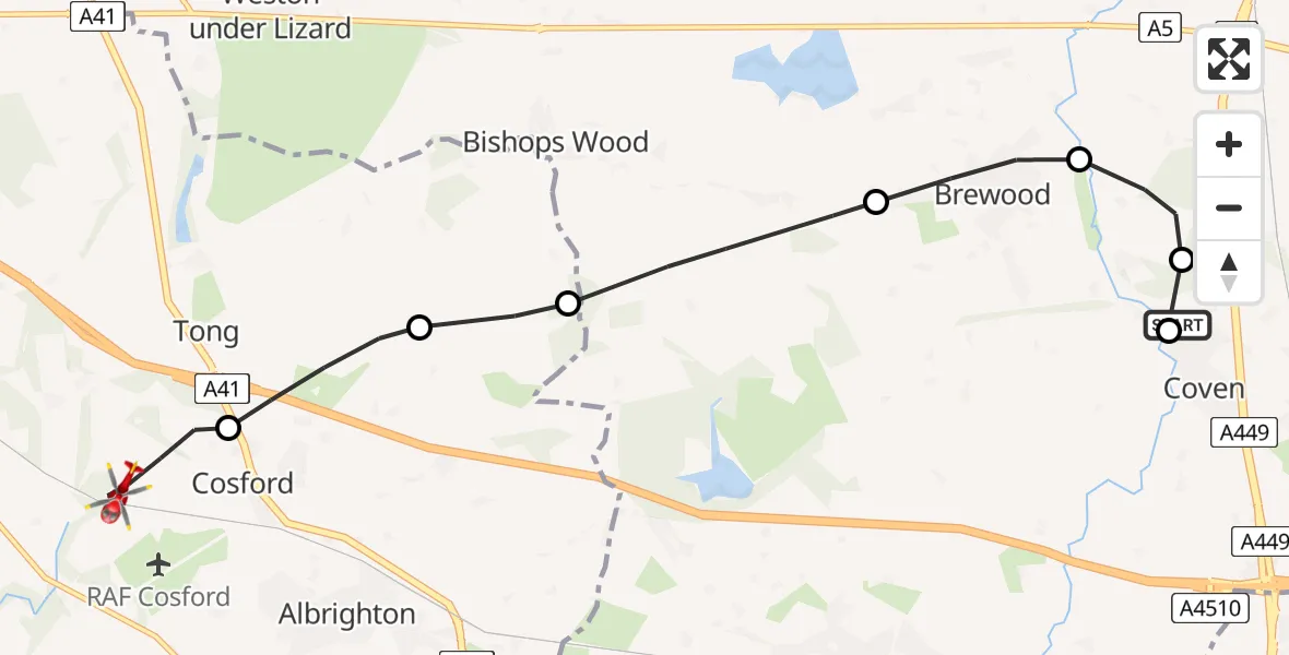 Flight path map showing Air Ambulance Helicopter route from Coven to Cosford