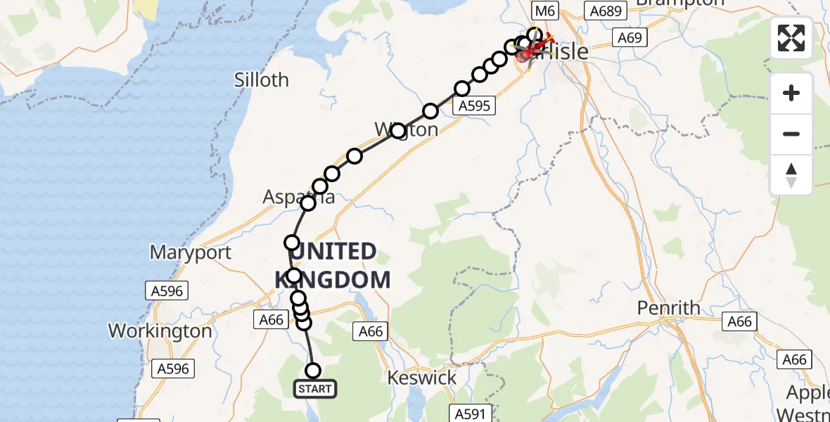 Flight path map showing Air Ambulance Helicopter route from Buttermere to Carlisle General
