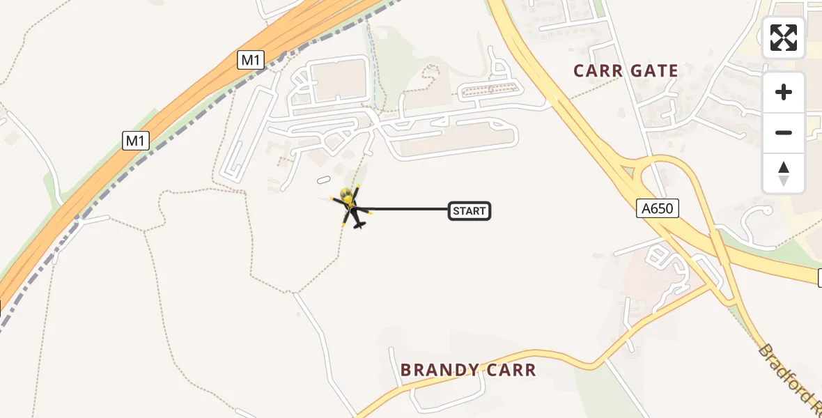 Flight path map showing Police Helicopter route from East Ardsley to East Ardsley
