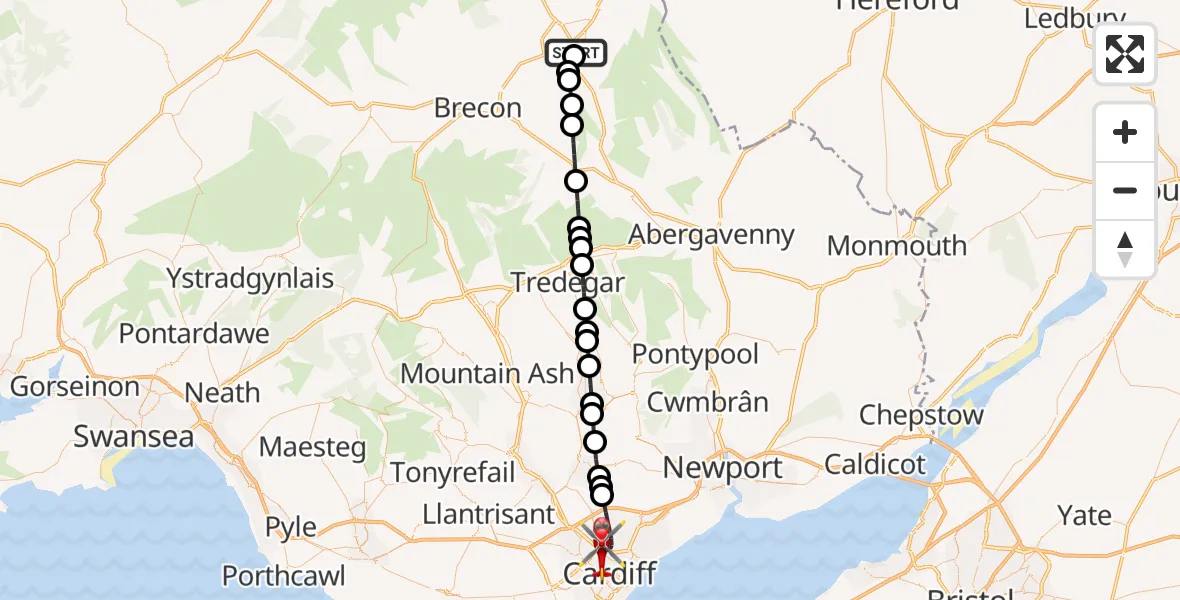 Flight path map showing Air Ambulance Helicopter route from Brecon to Cardiff