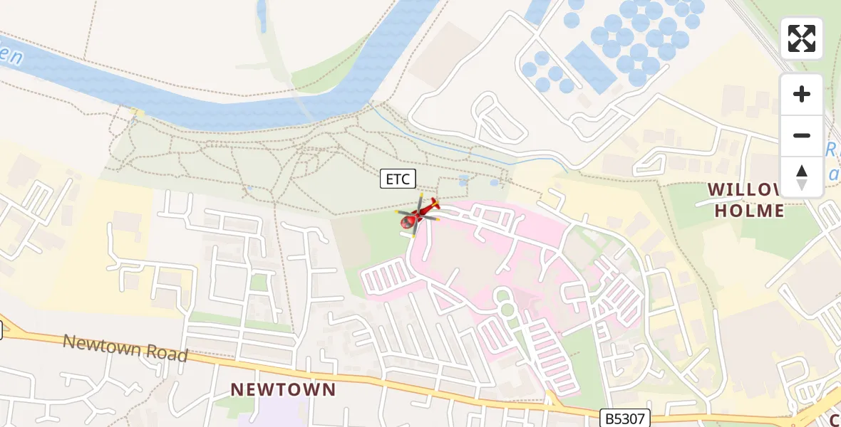 Flight path map showing Air Ambulance Helicopter route from Carlisle General to Carlisle General