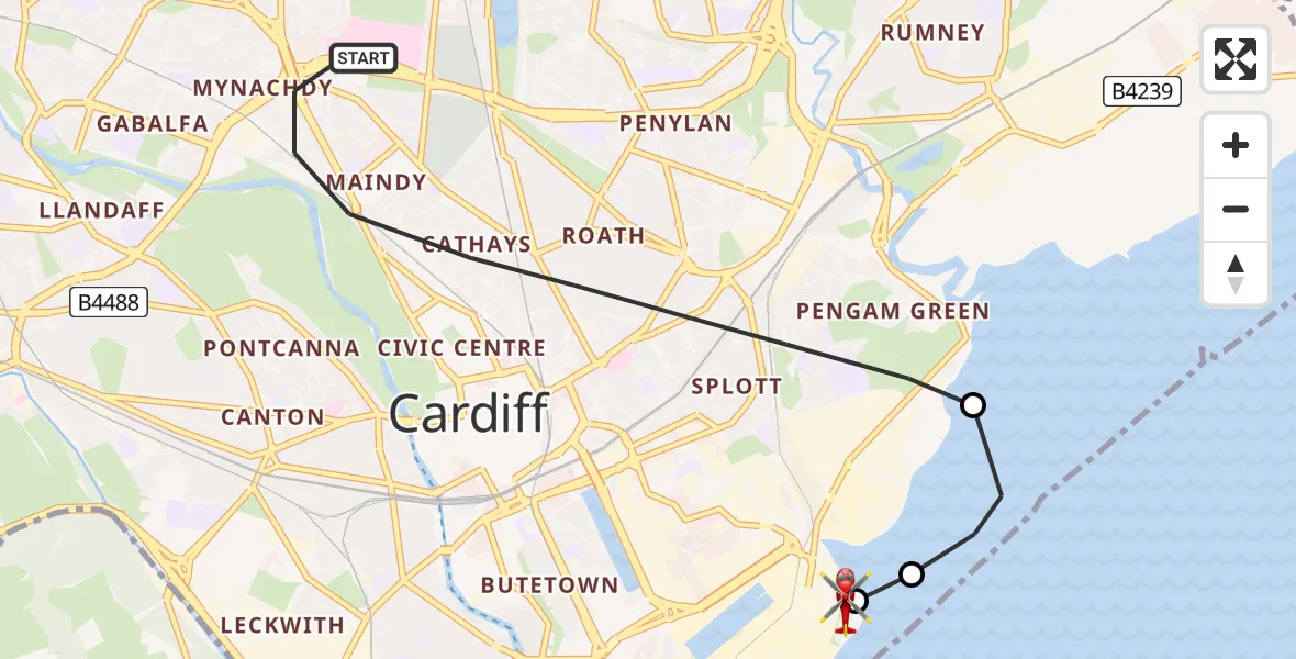 Flight path map showing Air Ambulance Helicopter route from Cardiff to Cardiff Heliport