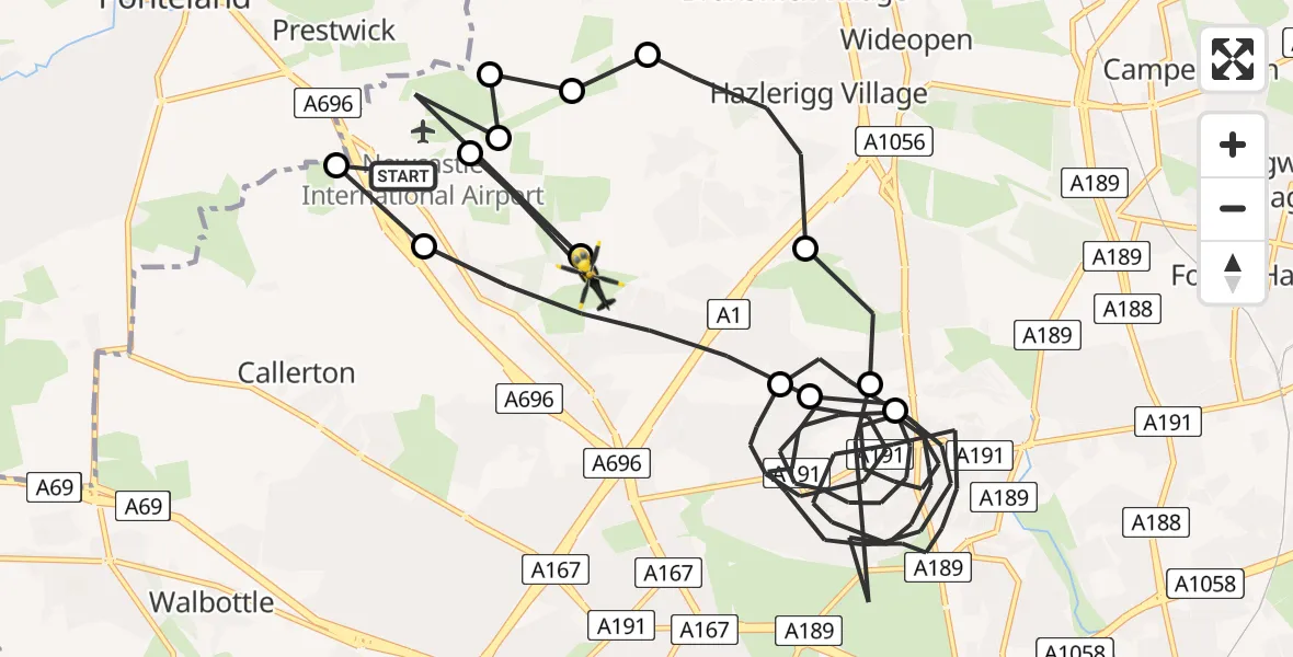 Flight path map showing Police Helicopter route from Newcastle International Airport to Newcastle upon Tyne