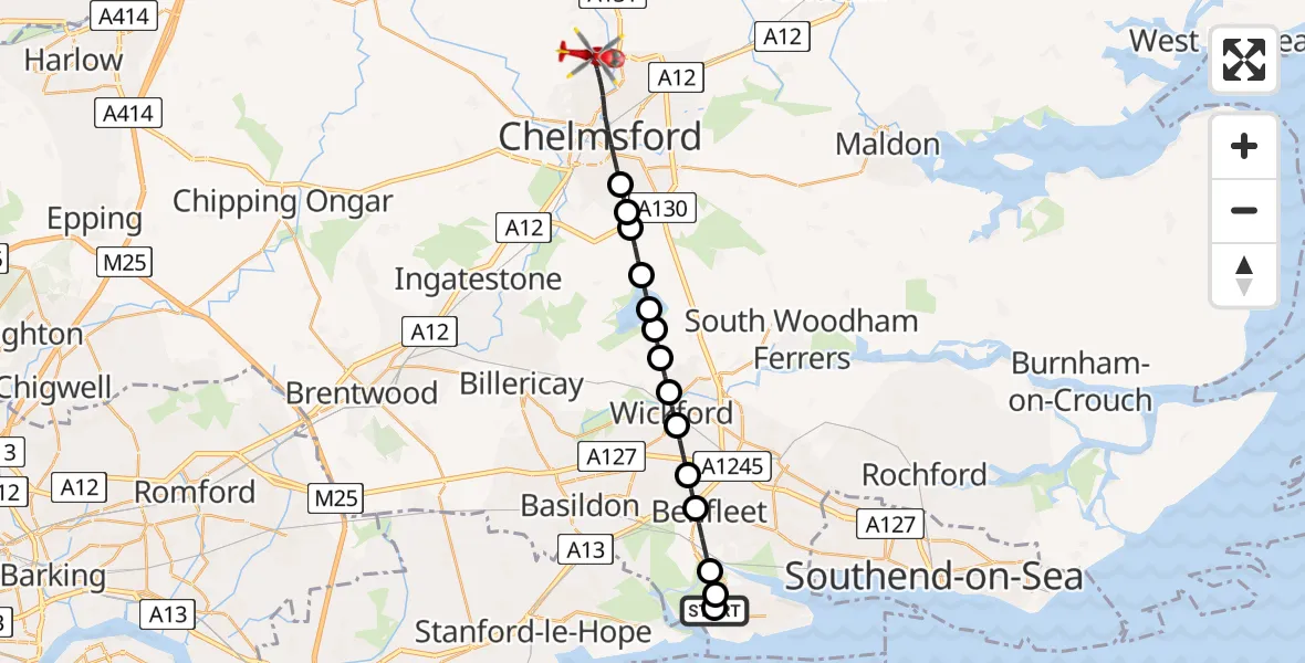 Flight path map showing Air Ambulance Helicopter route from Canvey Island to Chelmsford
