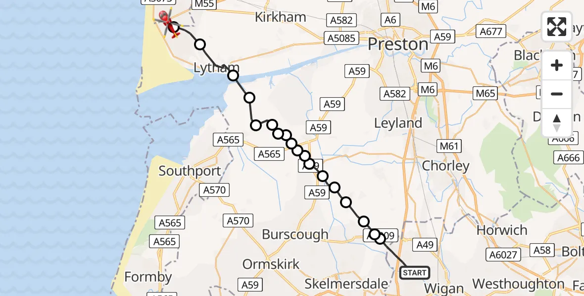 Flight path map showing Air Ambulance Helicopter route from Shevington to Blackpool Airport