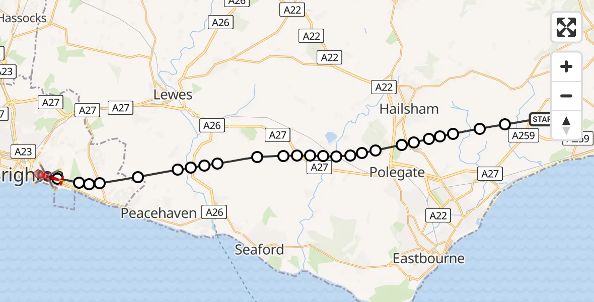 Flight path map showing Air Ambulance Helicopter route from Hooe to Brighton
