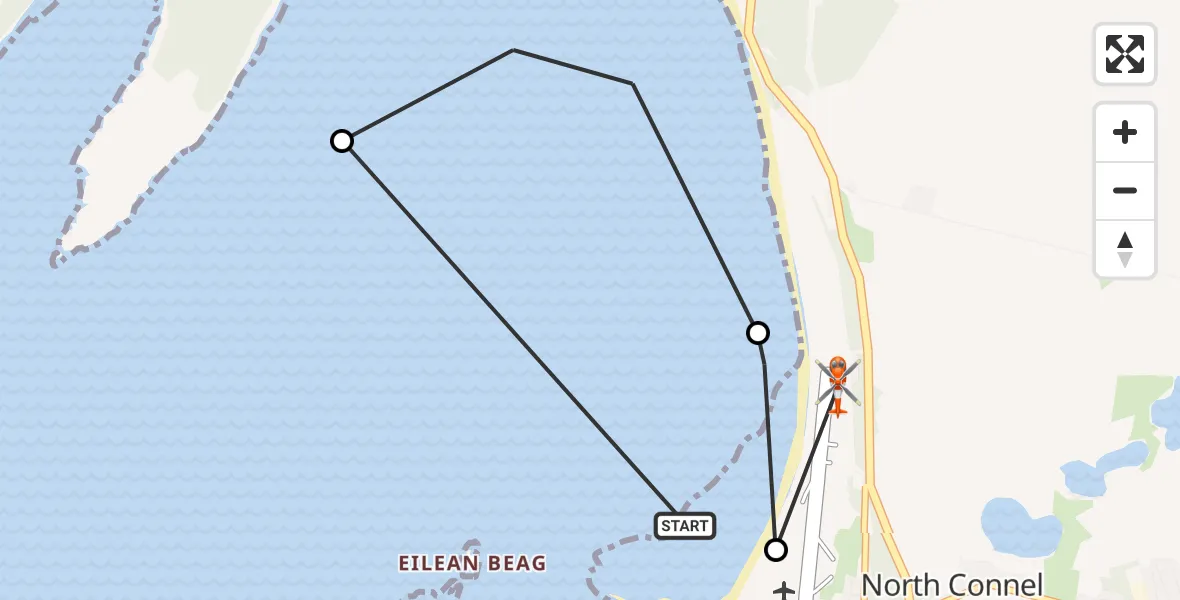 Flight path map showing Coastguard Helicopter route from North Connel to Oban Airport