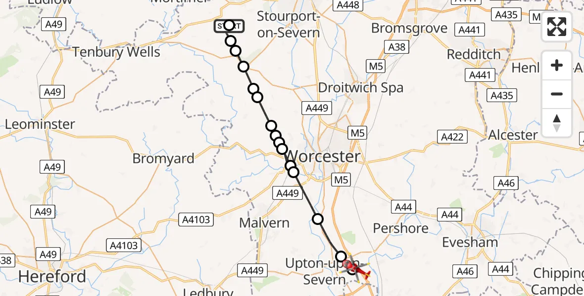 Flight path map showing Air Ambulance Helicopter route from Rock to Upper Strensham