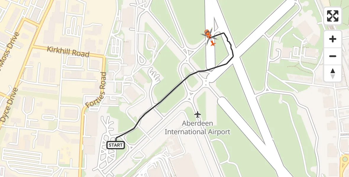 Flight path map showing Coastguard Helicopter route from Aberdeen International Airport to Aberdeen International Airport