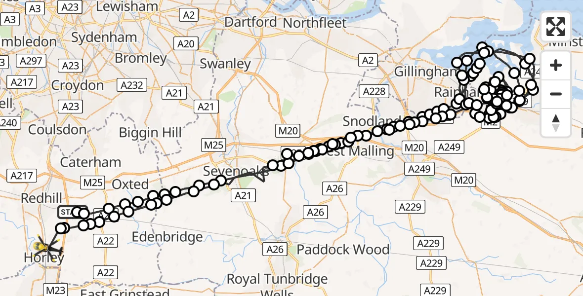 Flight path map showing Police Helicopter route from South Nutfield to Horley