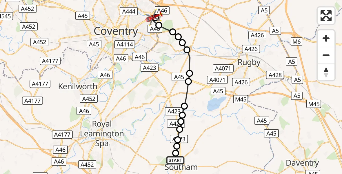 Flight path map showing Air Ambulance Helicopter route from Southam CP to Coventry