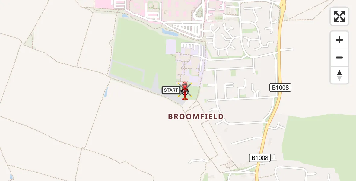 Flight path map showing Air Ambulance Helicopter route from Broomfield Hospital to Chelmsford