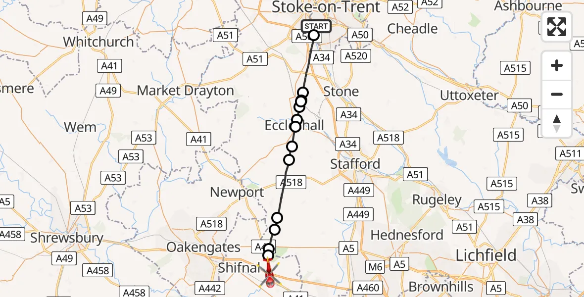 Flight path map showing Air Ambulance Helicopter route from Stoke to Tong