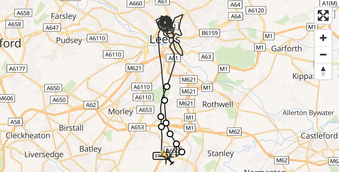 Flight path map showing Police Helicopter route from East Ardsley to East Ardsley