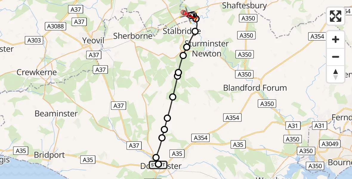 Flight path map showing Air Ambulance Helicopter route from Dorchester Hospital to Henstridge Airfield