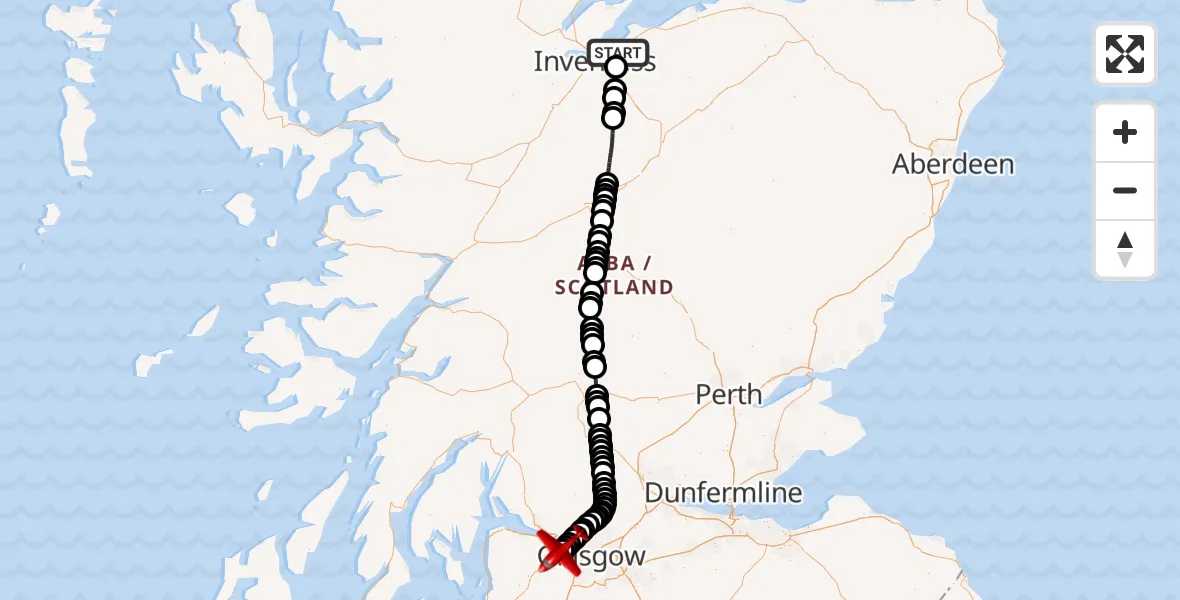 Flight path map showing Air Ambulance Aircraft route from Inverness to Glasgow Airport