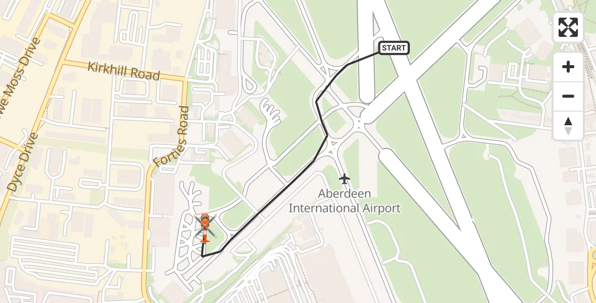 Flight path map showing Coastguard Helicopter route from Aberdeen International Airport to Aberdeen International Airport
