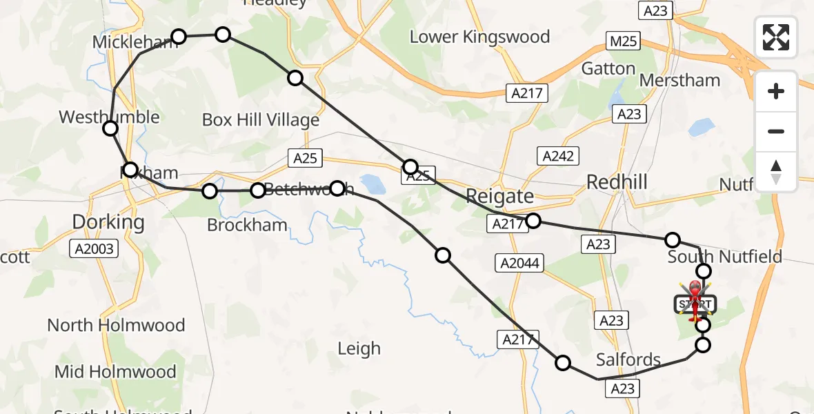 Flight path map showing Air Ambulance Helicopter route from Redhill Aerodrome to Redhill Aerodrome