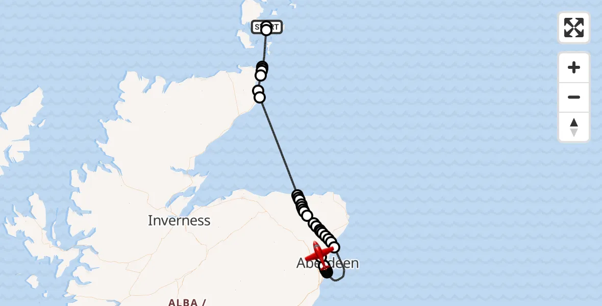 Flight path map showing Air Ambulance Aircraft route from Cannigall Road to Aberdeen International Airport