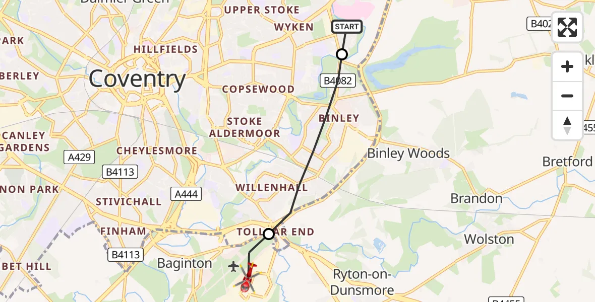Flight path map showing Air Ambulance Helicopter route from University Hospital Coventry to Coventry Airport