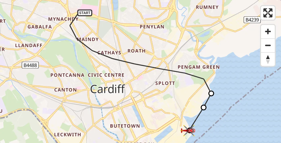 Flight path map showing Air Ambulance Helicopter route from Cardiff to Cardiff Heliport
