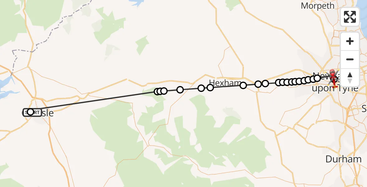 Flight path map showing Air Ambulance Helicopter route from Carlisle General to Newcastle Royal Victoria Infirmary