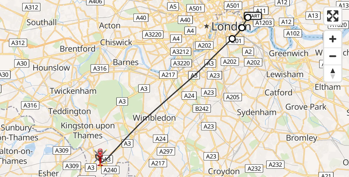 Flight path map showing Air Ambulance Helicopter route from Royal London Hospital to Greater London