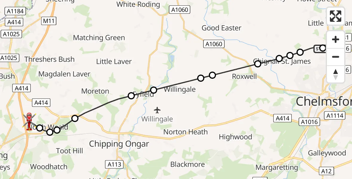 Flight path map showing Air Ambulance Helicopter route from Broomfield Hospital to North Weald Airfield