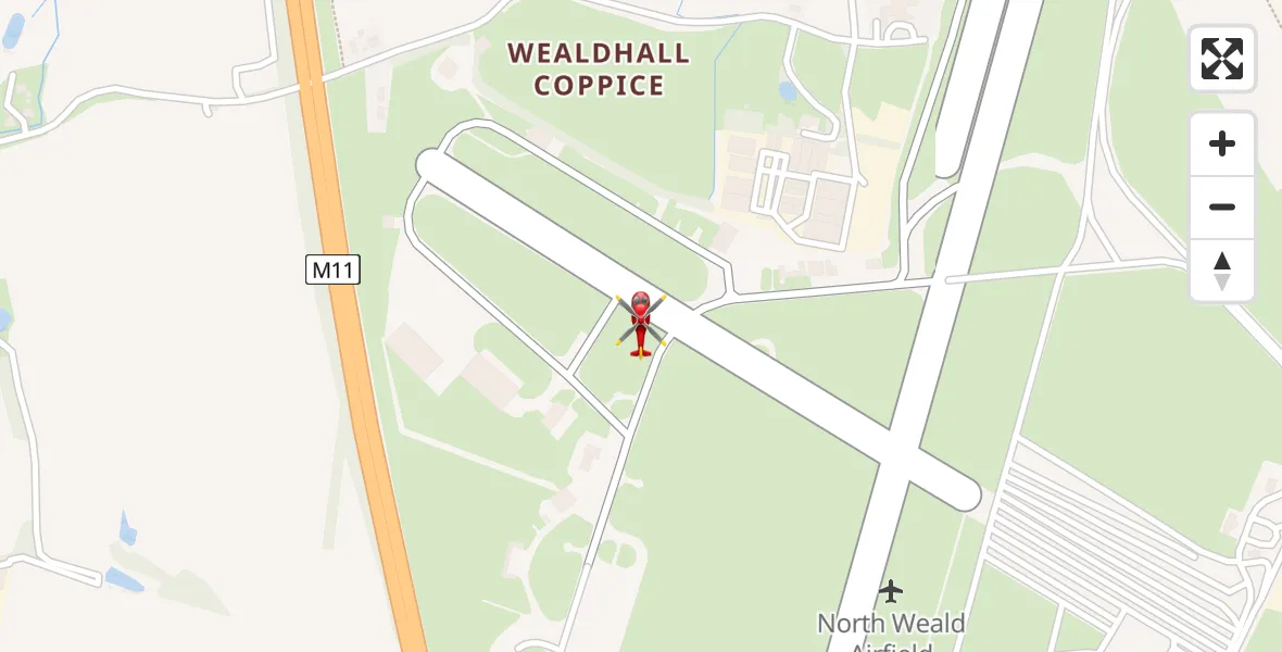 Flight path map showing Air Ambulance Helicopter route from North Weald Airfield to North Weald Airfield