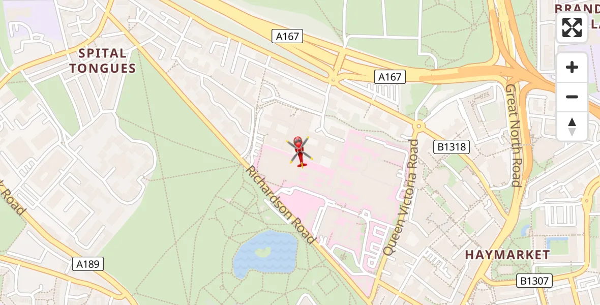 Flight path map showing Air Ambulance Helicopter route from Newcastle Royal Victoria Infirmary to Newcastle Royal Victoria Infirmary