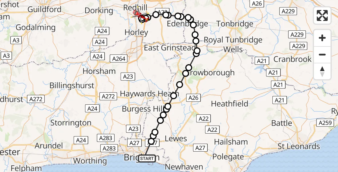 Flight path map showing Air Ambulance Helicopter route from Brighton to Redhill Aerodrome