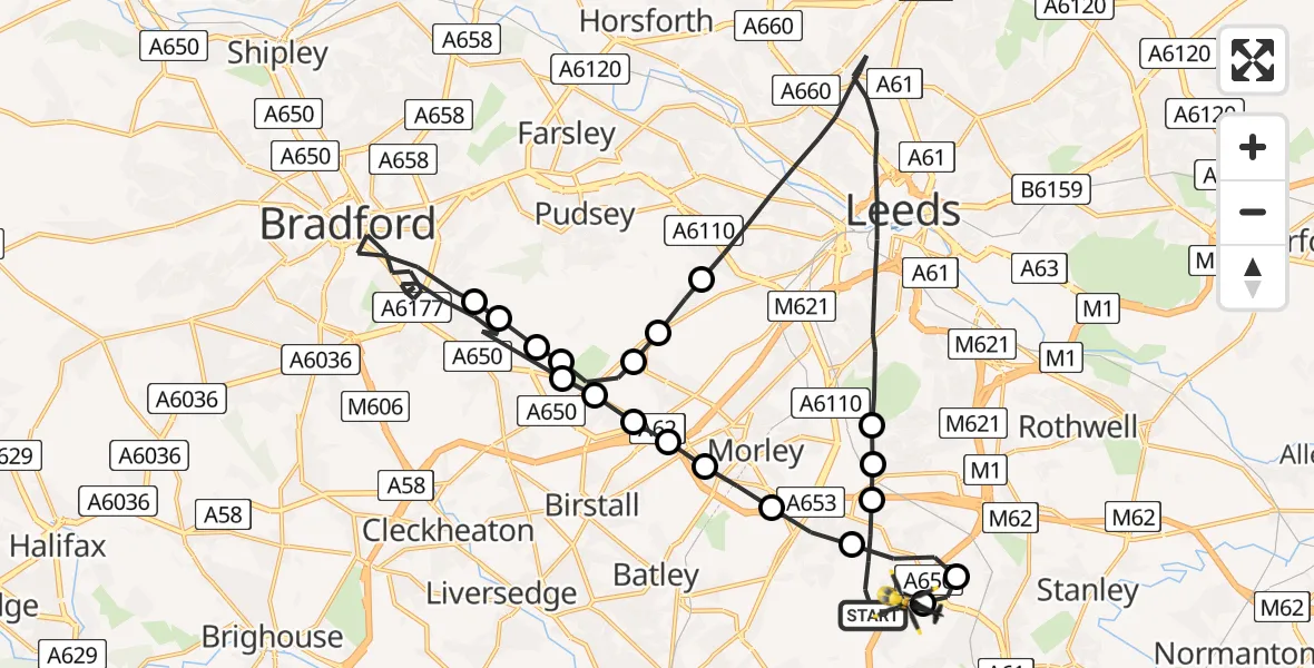 Flight path map showing Police Helicopter route from East Ardsley to East Ardsley