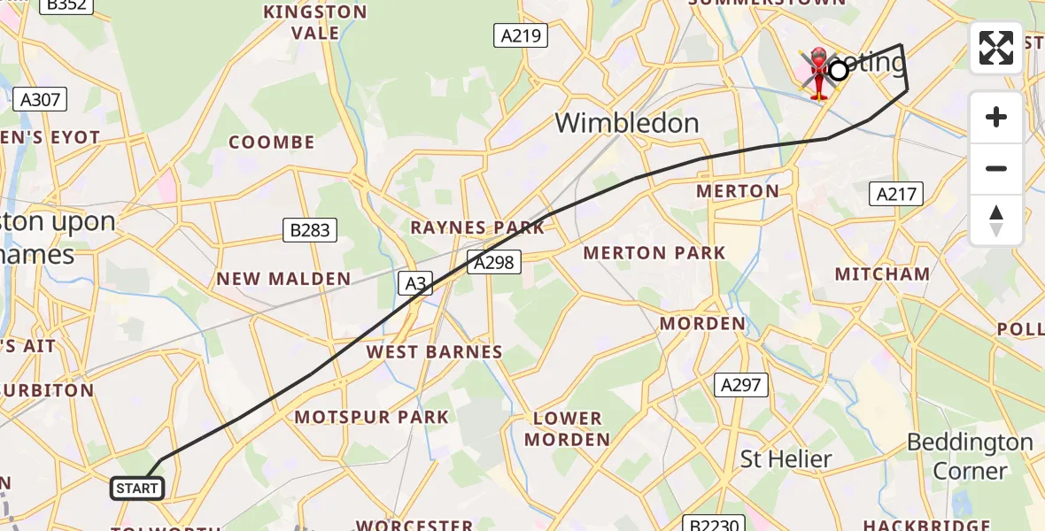 Flight path map showing Air Ambulance Helicopter route from Greater London to St Georges Hospital
