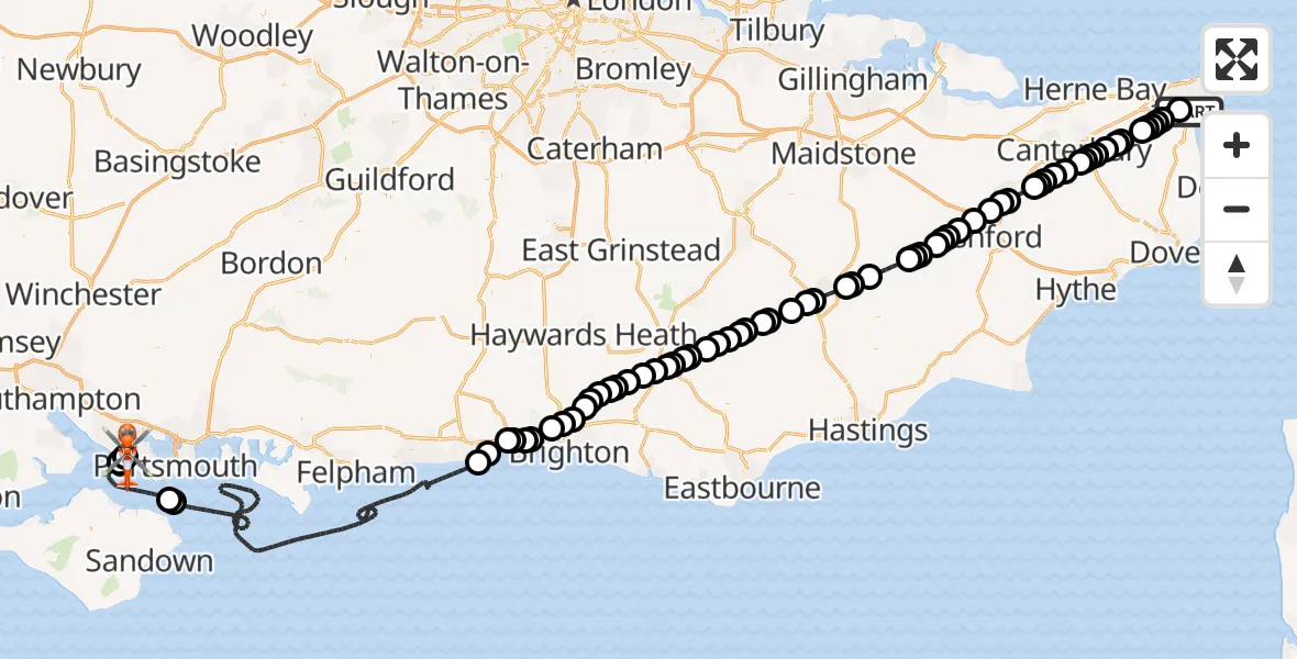 Flight path map showing Coastguard Helicopter route from Manston Airport to Solent Airport