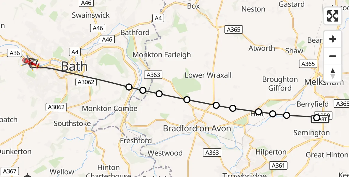 Flight path map showing Air Ambulance Helicopter route from Wiltshire Air Ambulance to Bath